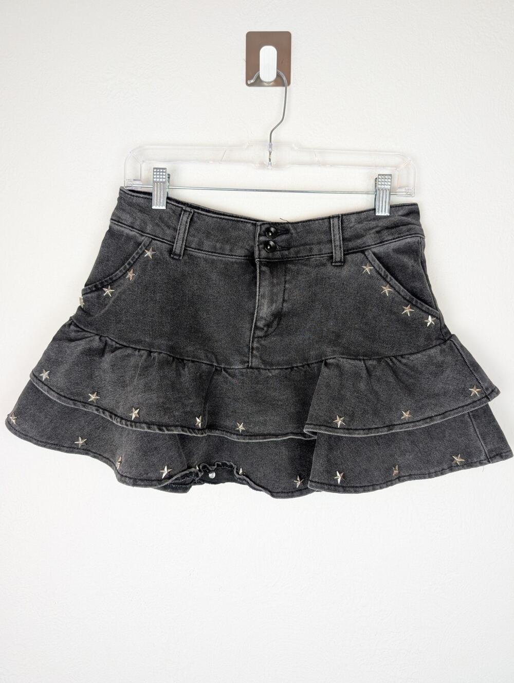 Hot Topic Social Collision Denim Skirt Star Studs Layered Y2K Black Gray Size M